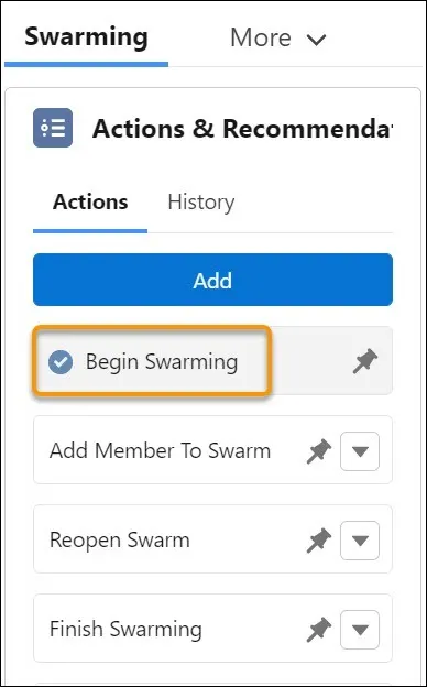 [Actions & Recommendations (アクション & おすすめ)] ペインの [Actions (アクション)] の下で強調表示されている [Begin Swarming (スウォーミングを開始)]