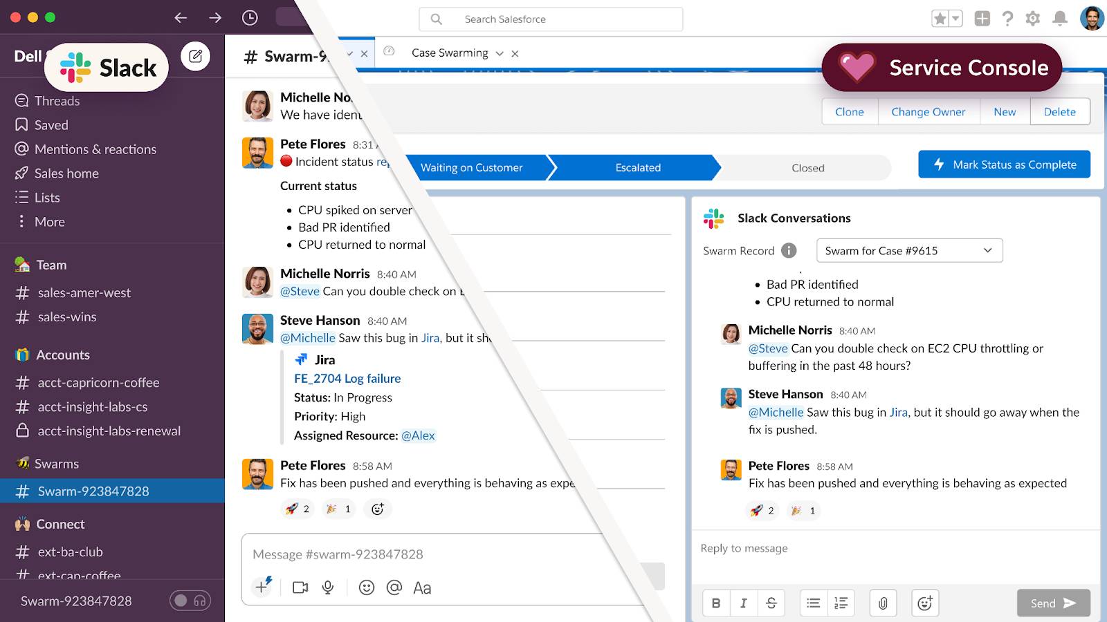 A graphic of Slack and the Service Console mixed together for reps.