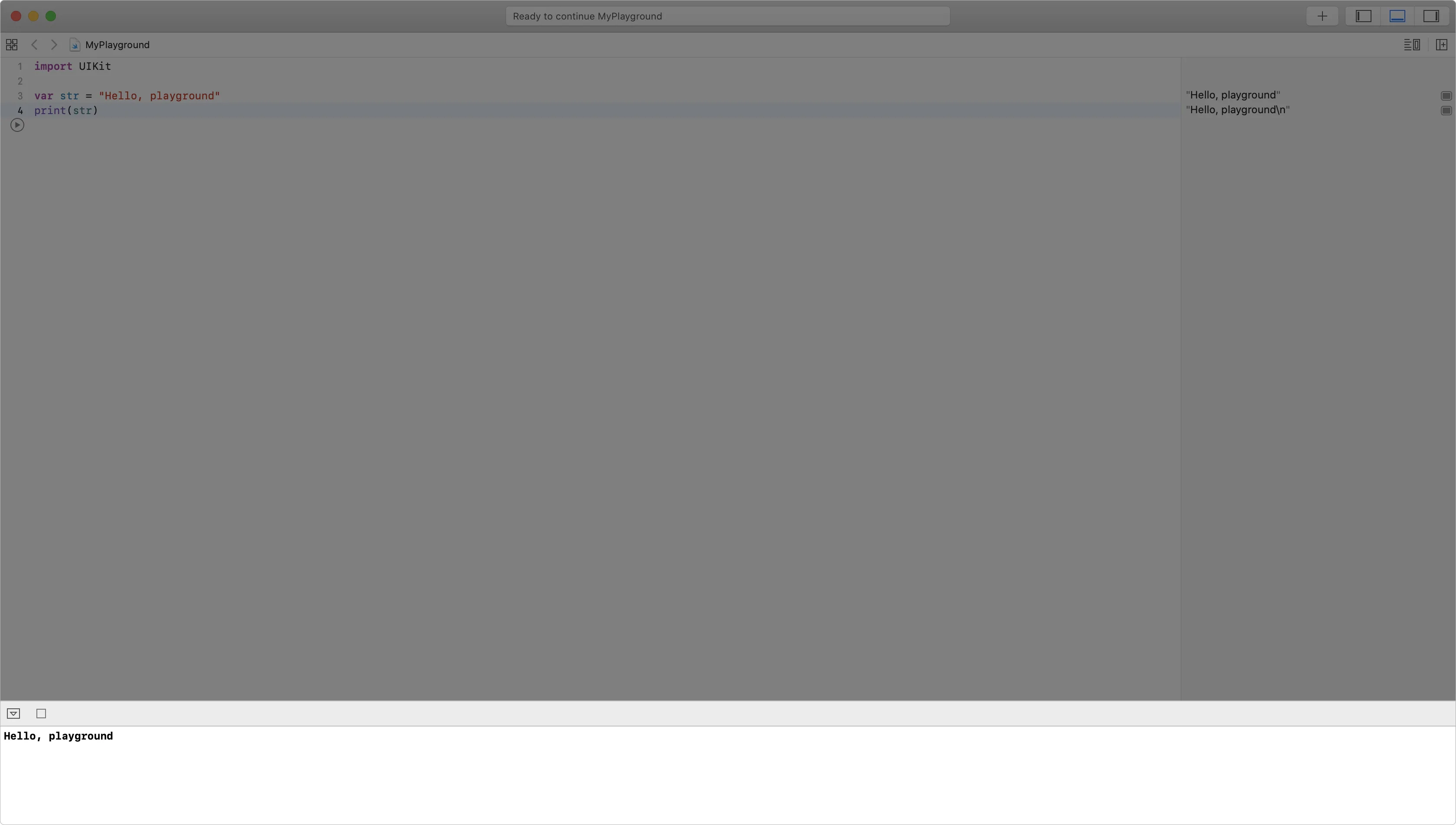 「Hello, playground」という結果が表示されている強調表示されたデバッグ領域