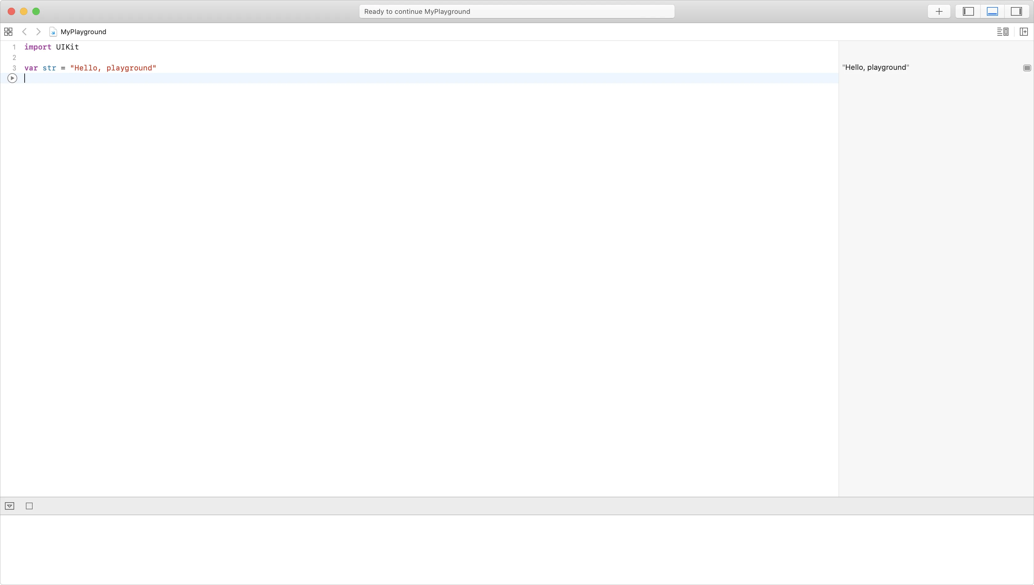プレイグラウンドに 3 行のコードと、右サイドバーに結果が表示されています。