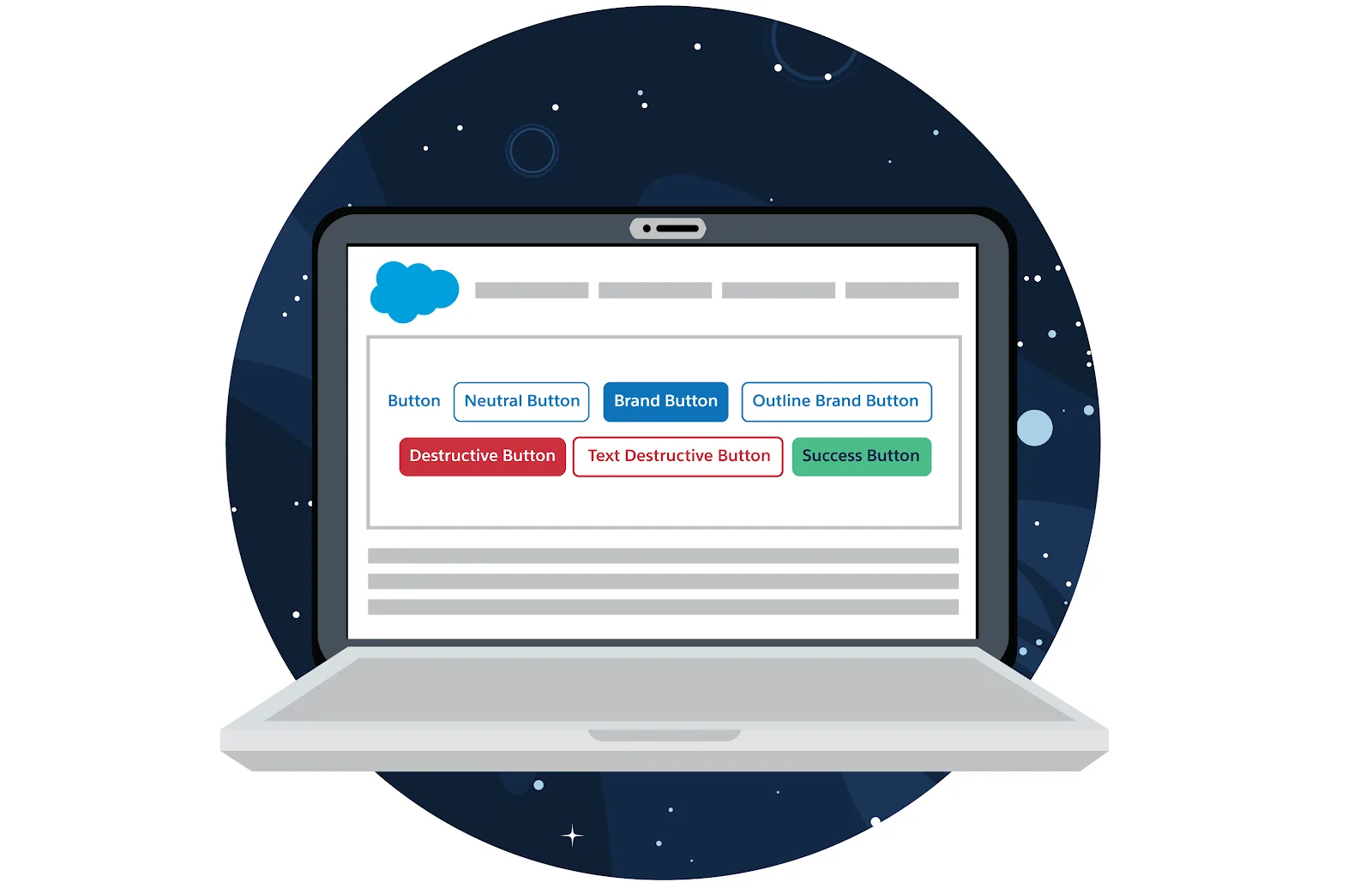 A wide array of Lightning Design System buttons on a screen.