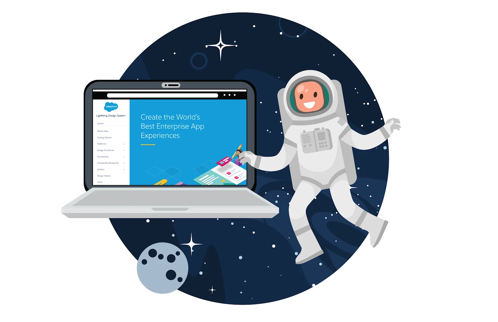 Astronaut engages with the Lightning Design System user interface in orbit.