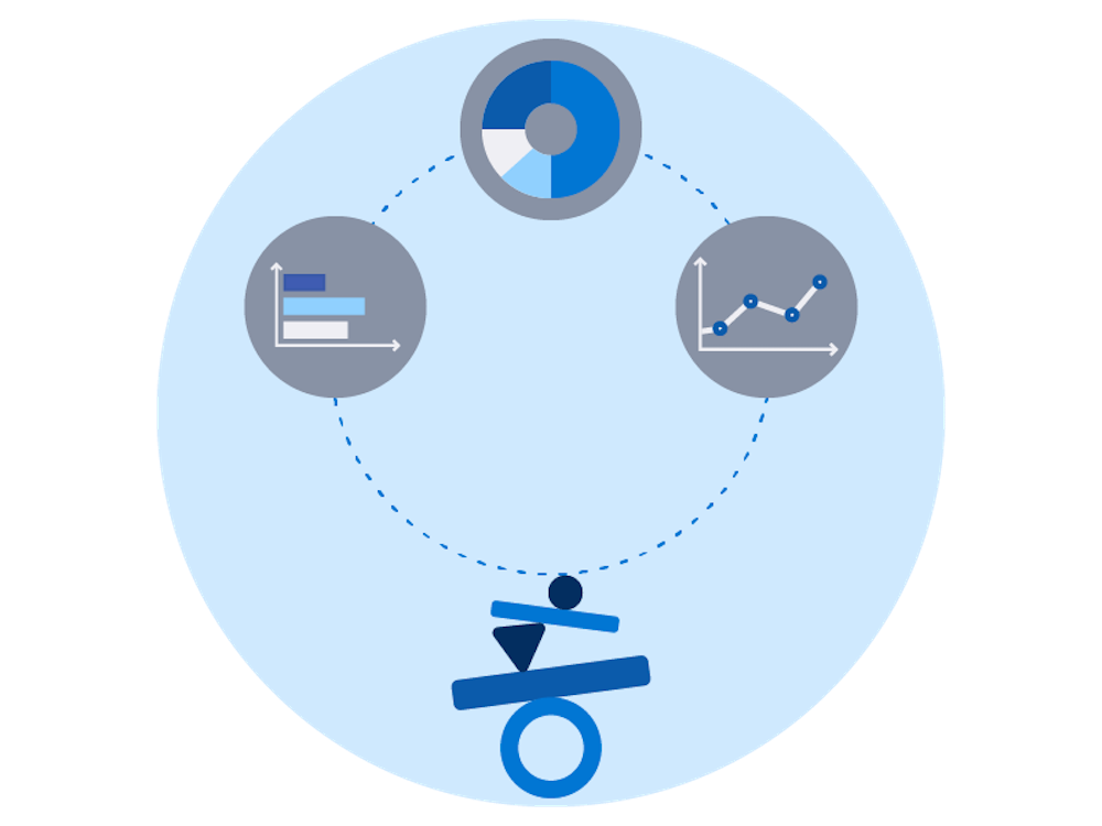 A blue circle with four stylized charts and a dotted line connecting them