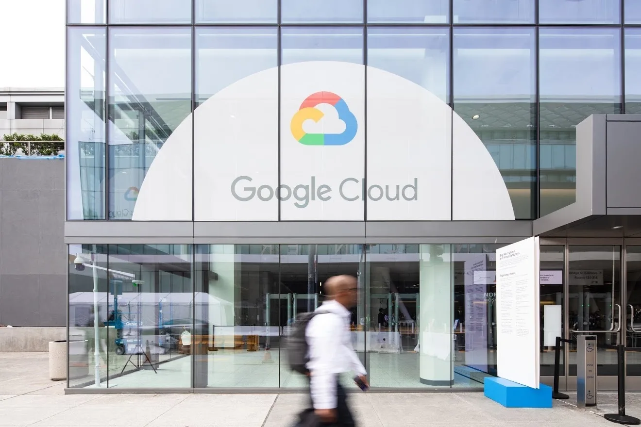 Conference building with Google Cloud logo on the window