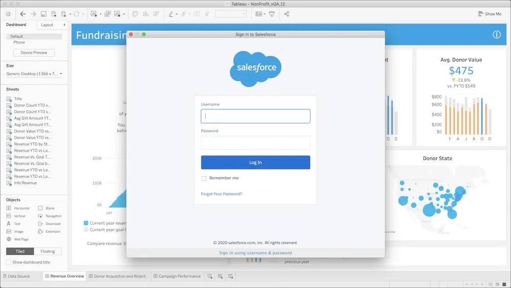 Fenêtre contextuelle de connexion à Salesforce dans Tableau Desktop