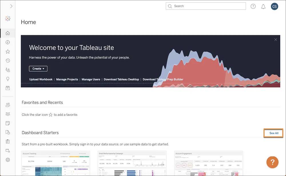 [すべて表示] が強調表示された Tableau ホーム