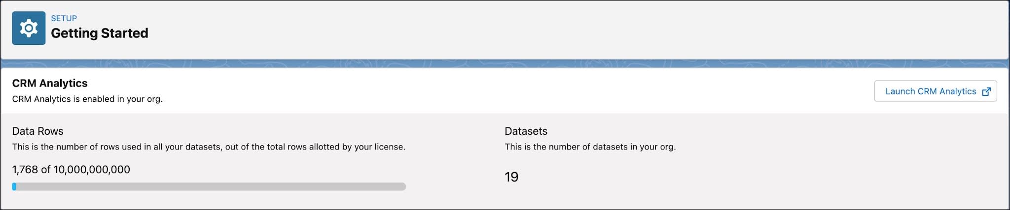 The Getting Started page in Setup showing CRM Analytics enabled in the org.