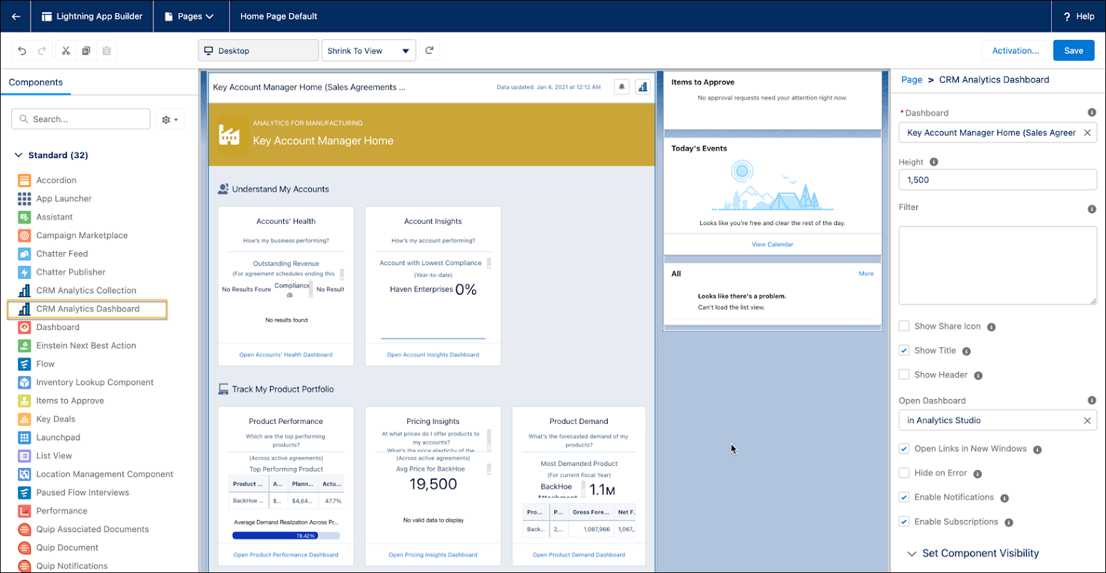 The Lightning App Builder page showing how you can drag and drop the Key Account Manager tab onto the home page of the Manufacturing app.