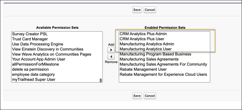 The Permission Sets page in Setup showing the list of permission sets that must be enabled for a Manufacturing user.