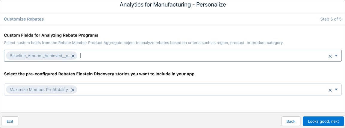 The Analytics for Manufacturing Personalize screen showing questions in the wizard to help you choose the custom fields for rebates, and the Einstein Discovery story.