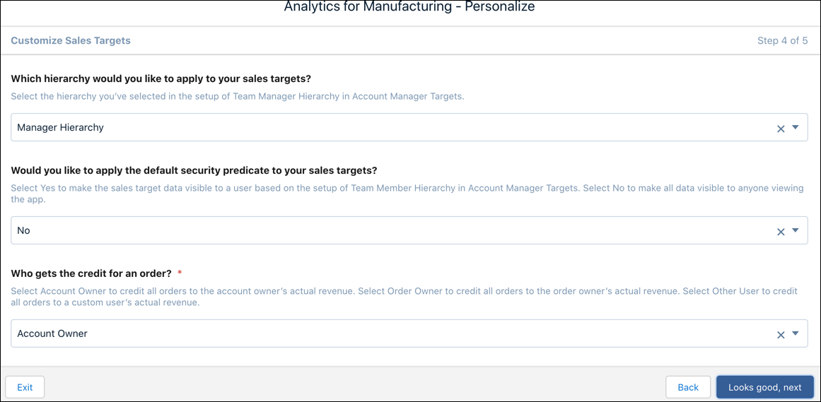 The Analytics for Manufacturing Personalize screen showing questions in the wizard to help you choose the sales target hierarchy, security predicate for targets, and credit owner.