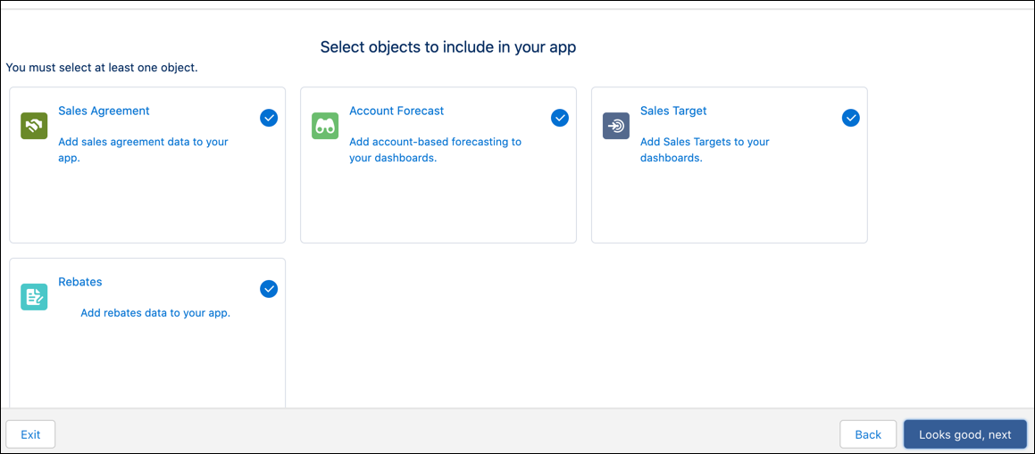 The Select objects to include in your app screen showing you the objects you can include in the app.