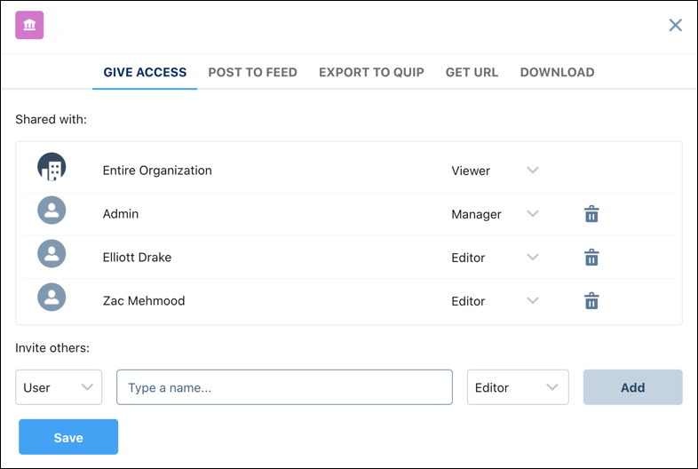 The Share App screen in Analytics Studio where you can provide different levels of access to users in your org.