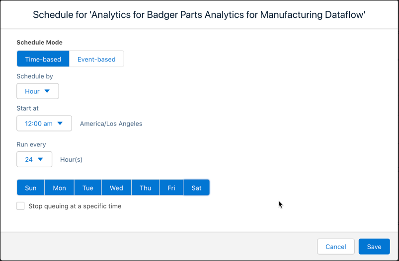 The Schedule screen for a dataflow where you can specify the dataflow frequency for the CRM Analytics app.
