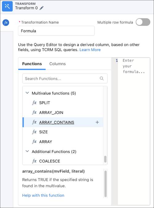 Five multivalue functions to select in the formula editor panel