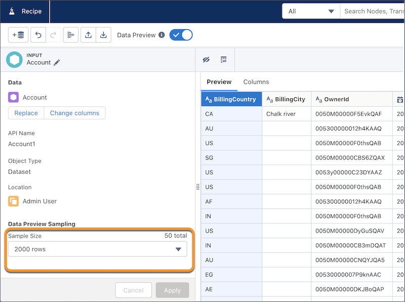 Dropdown menu in Data Prep recipe input node highlighting sample size