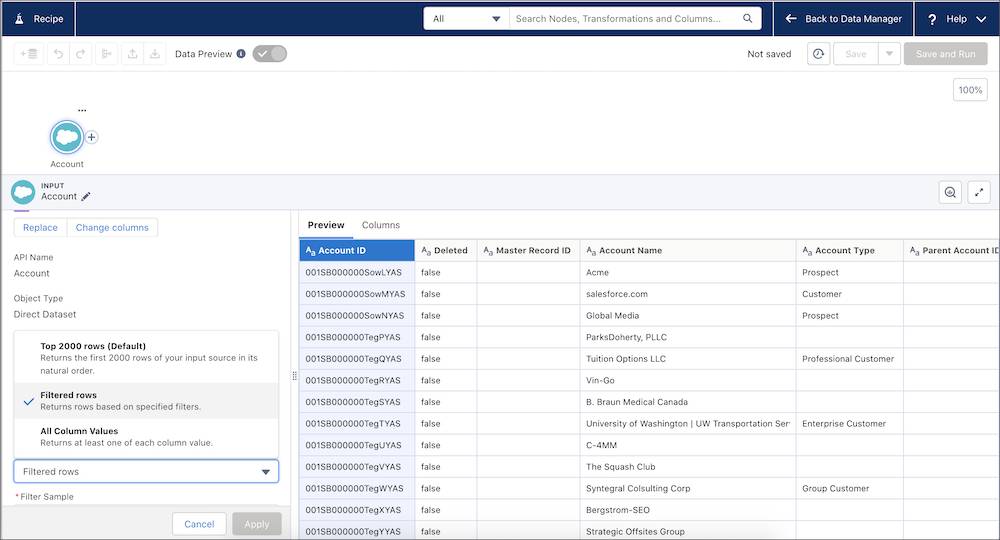 Filtered rows in the Data Prep recipe input node