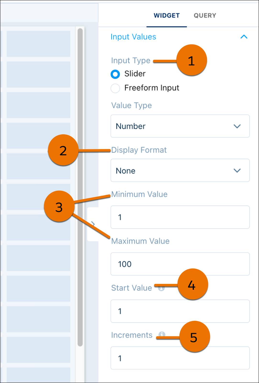 Input widget properties: Input Type, Display Format, Minimum and Maximum Value, Start Value, and Increments