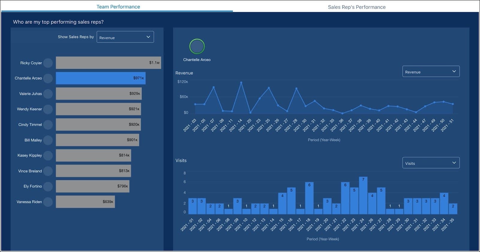 The Team Performance view showing field rep Chantelle’s performance bars.
