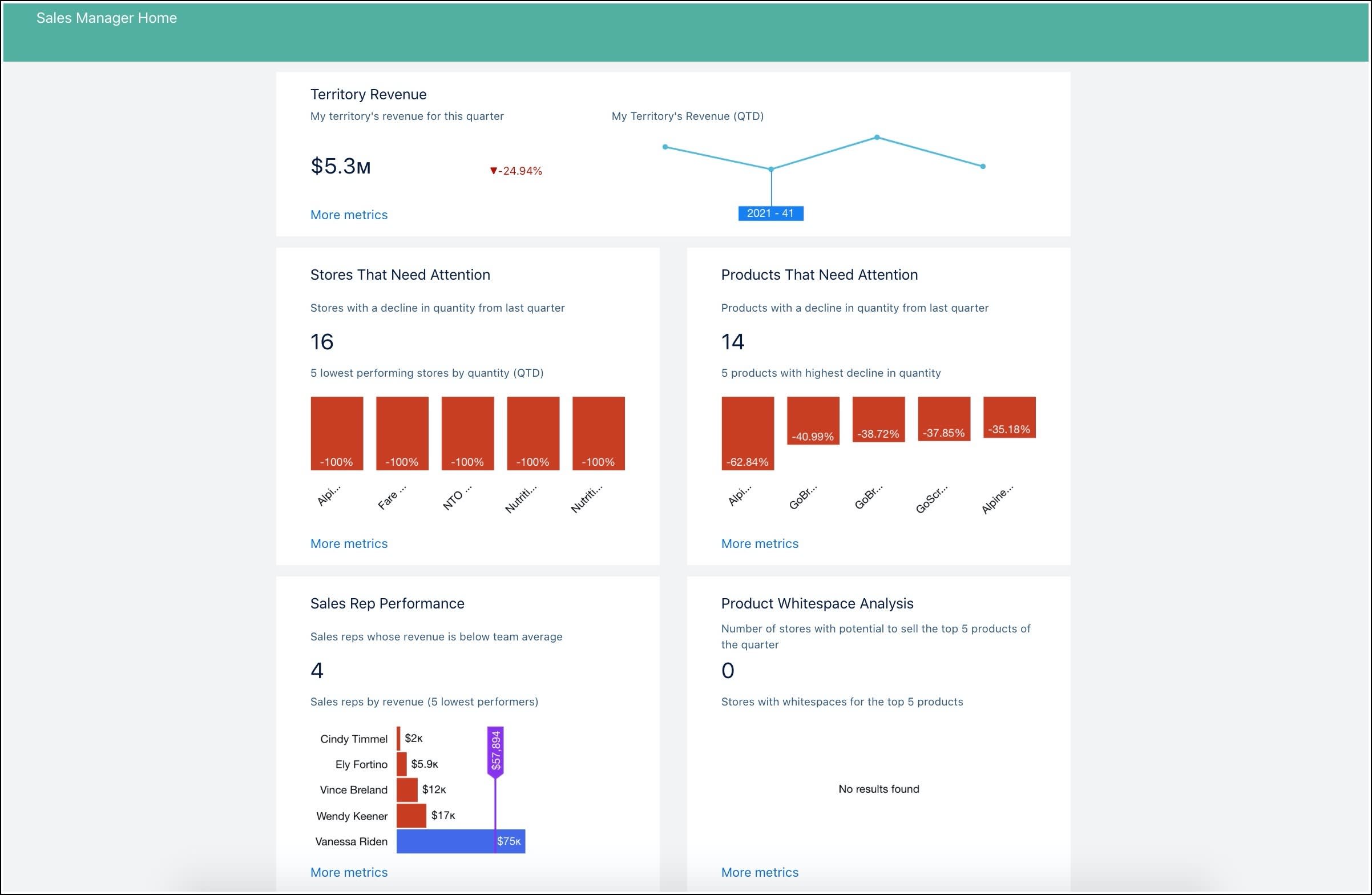 The Sales Manager Home dashboard showing territory revenue, stores and products that need attention, sales rep performance, and product whitespace analysis.