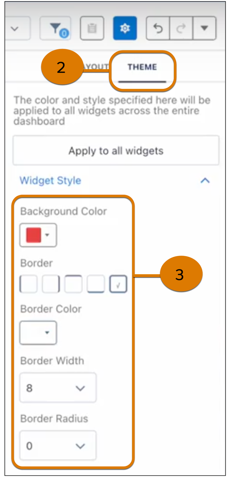 In the Theme Tab (2), select attributes to create a widget style (3).
