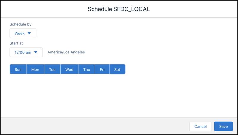 The Schedule SFDC Local window showing the time options to schedule the data sync.