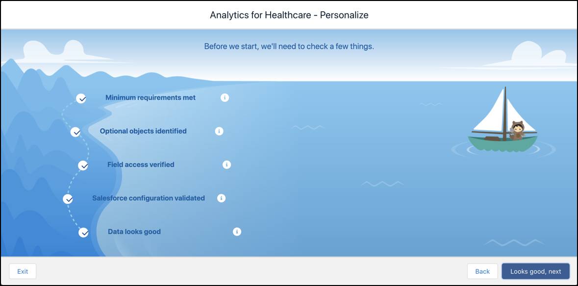 The Analytics for Healthcare Personalize screen showing a list of compatibility checks being done.