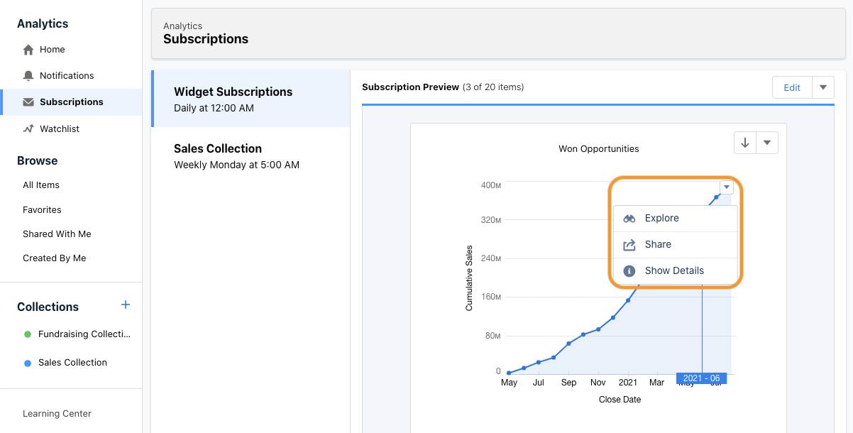 Subscription preview with chart menu open