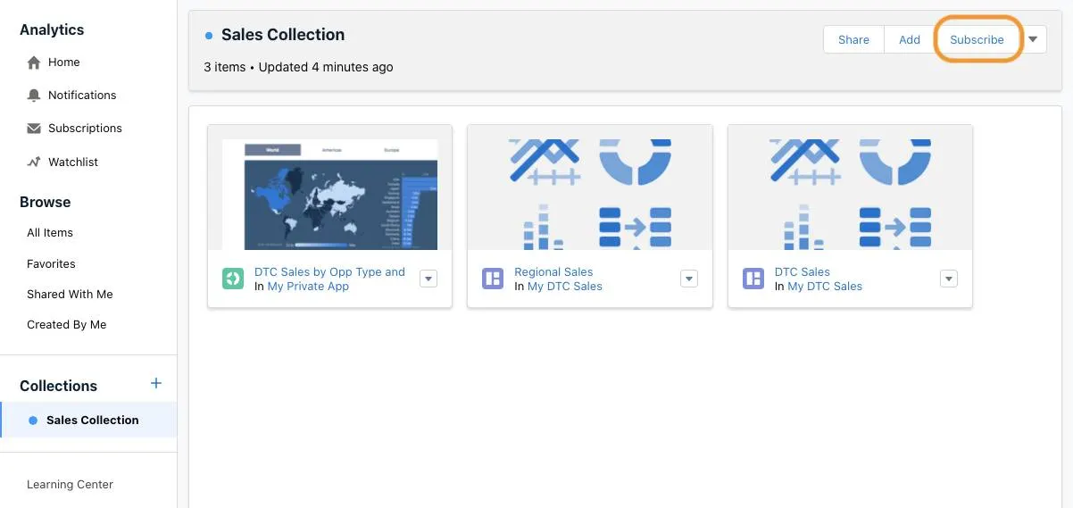 Open collection showing Subscribe button in upper right