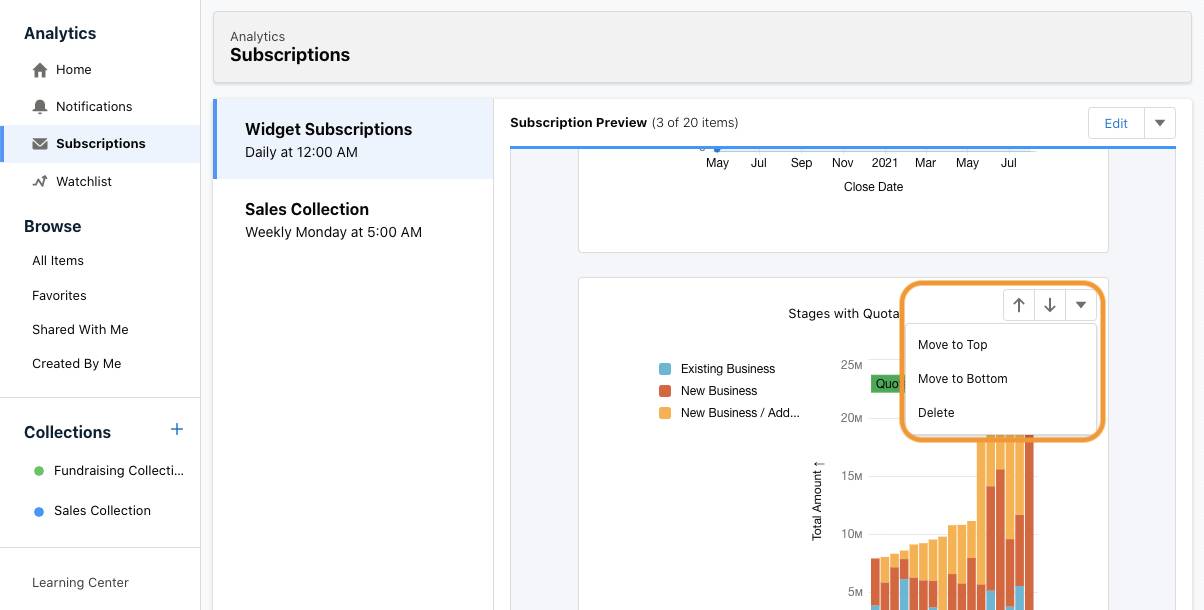 Subscription preview with position and delete menu open