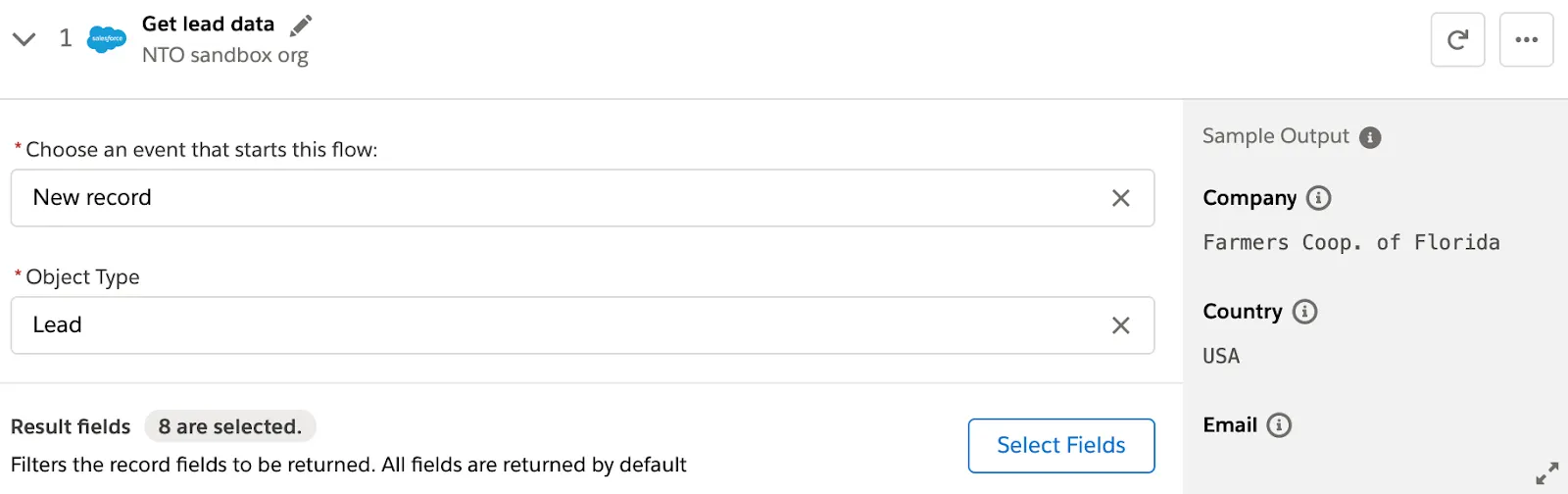 Step 1 of flow with sample output containing lead data.