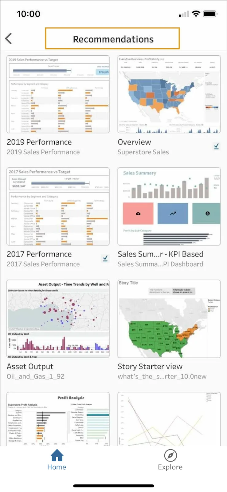 Recommendation page in Tableau Mobile