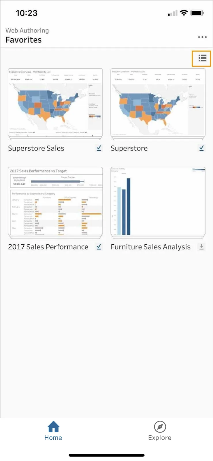 Favorites page in Tableau Mobile