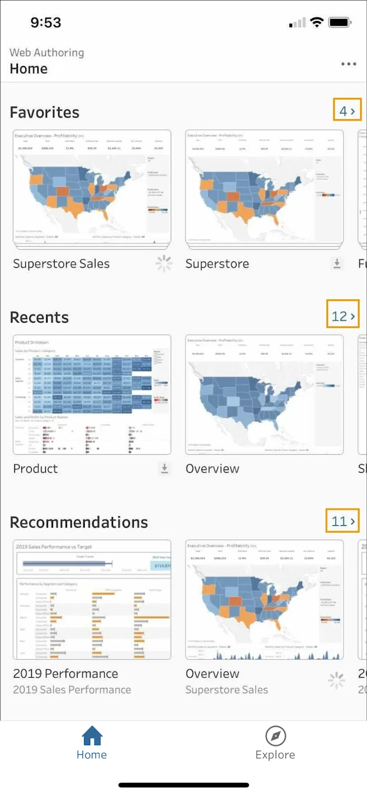 Home page on Tableau Mobile