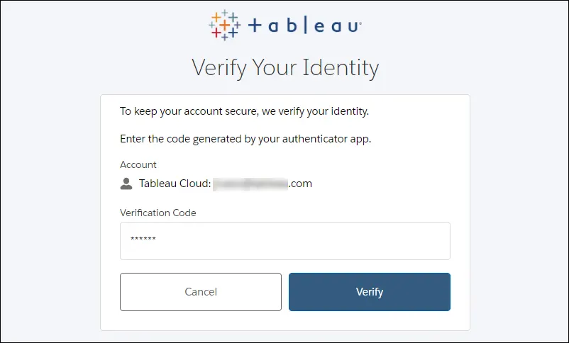 Tableau authentication prompt, with sample content in the Verification Code field