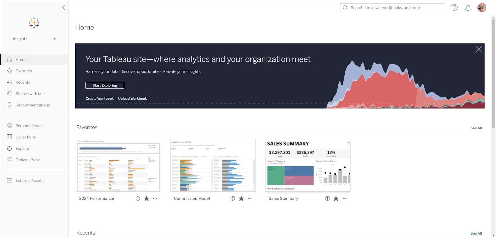 The Tableau Cloud home page with the navigation panel visible