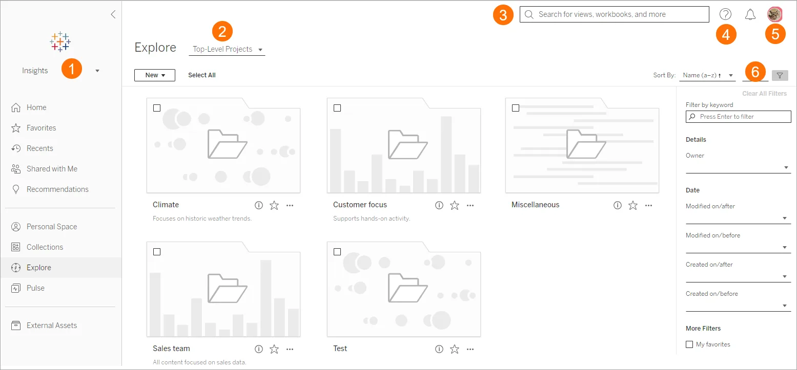 Página Explore (Explorar) de un autor web de Tableau