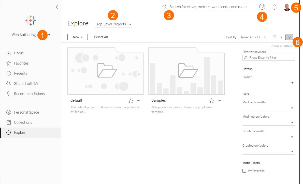 Tableau Web 作成者の [探索] ページ