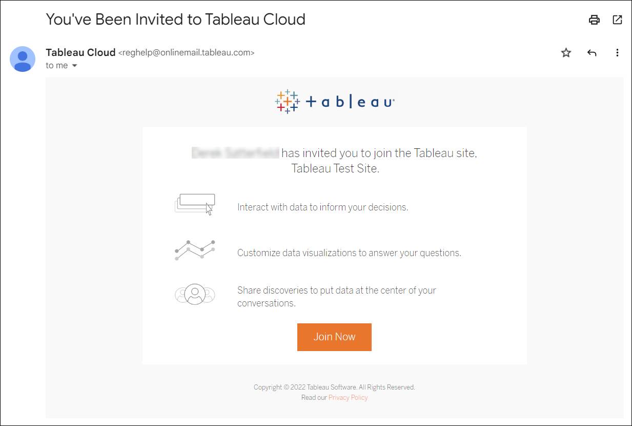 Tableau Cloud への参加を招待するメールメッセージ