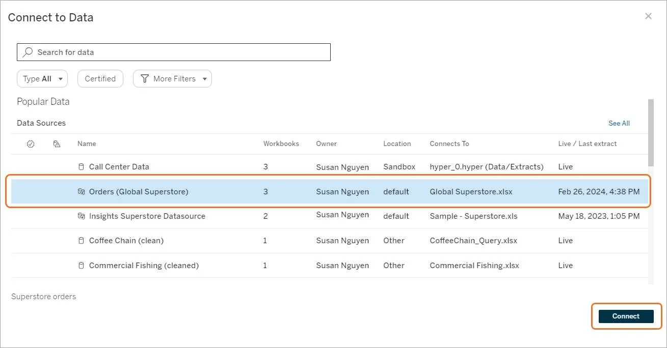 Connect to Data shows the data sources that you can connect to