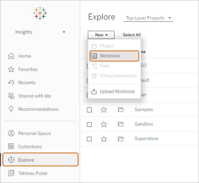 New | Workbook option to connect to a data source