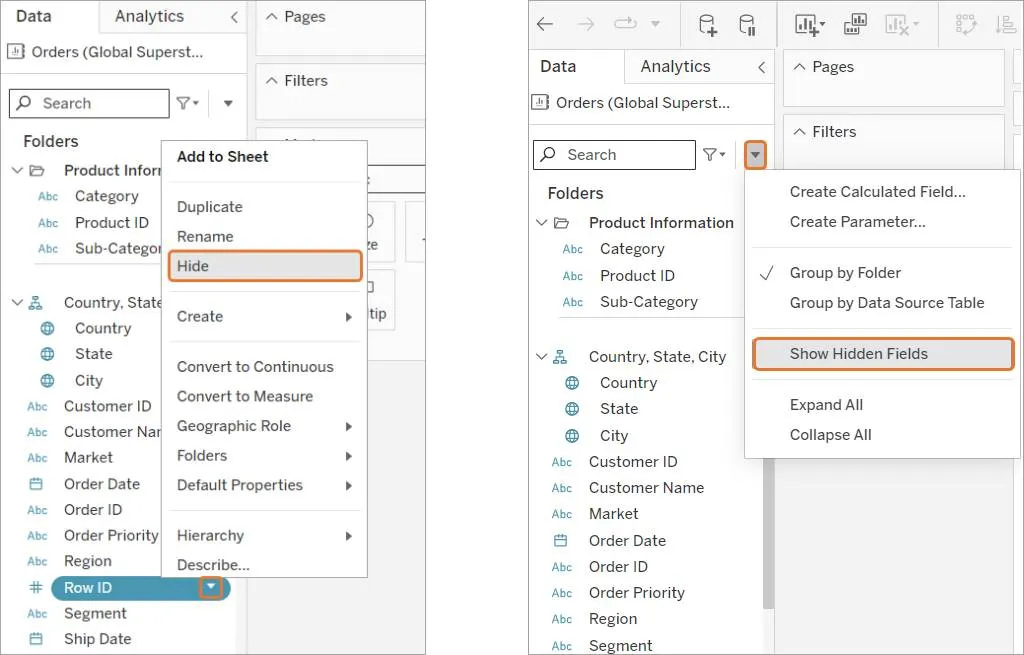 Hide and unhide fields from the Data pane