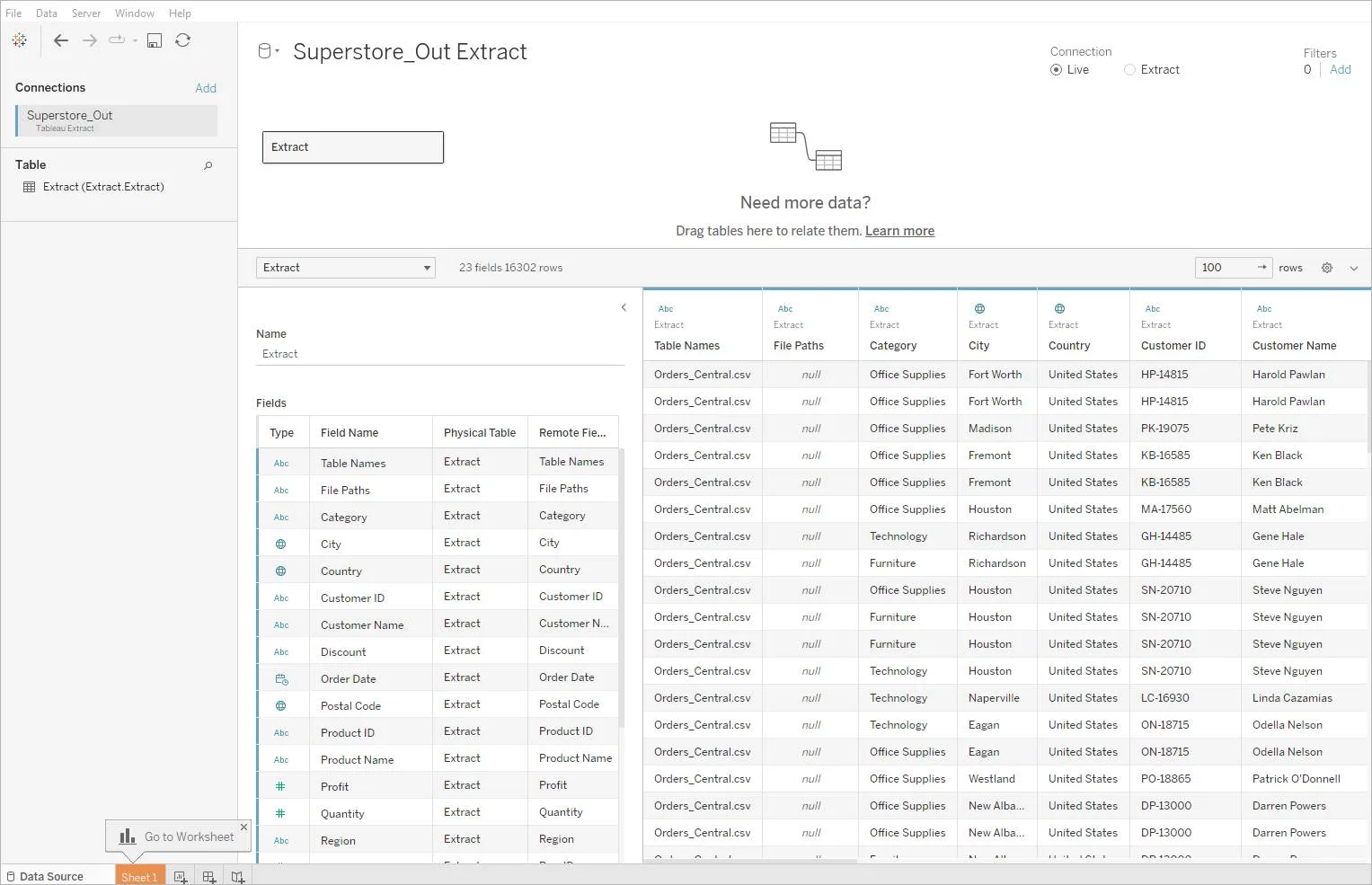  Open hyper file in Tableau Desktop.