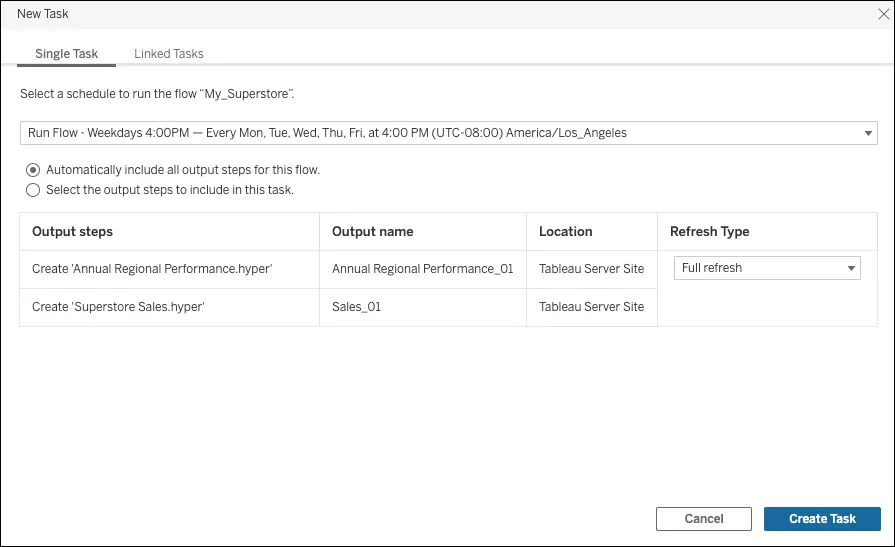 Shows Scheduled Tasks menu options for scheduling flow runs