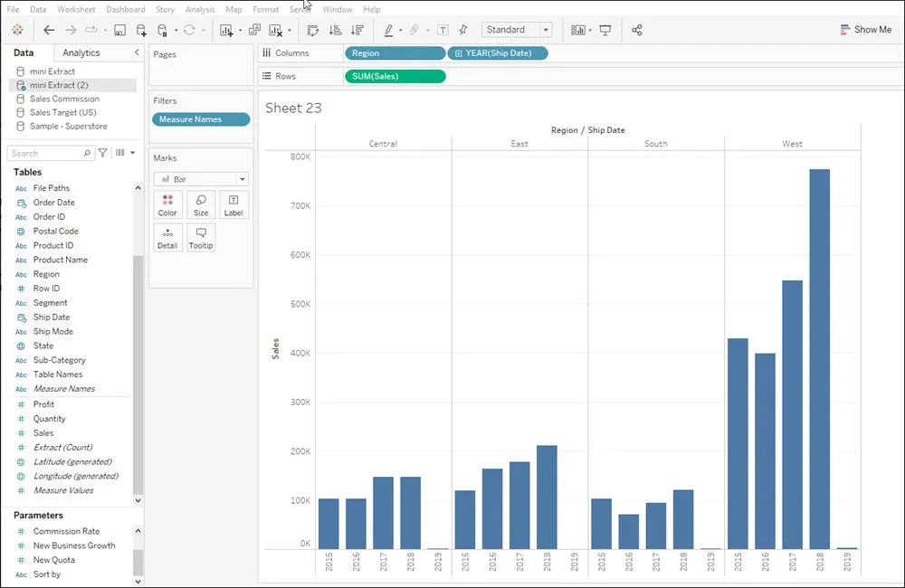 Tableau Desktop ワークシートでの行と列の作成