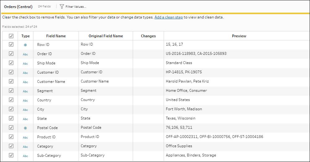 Fields for the selected table shown from the input pane
