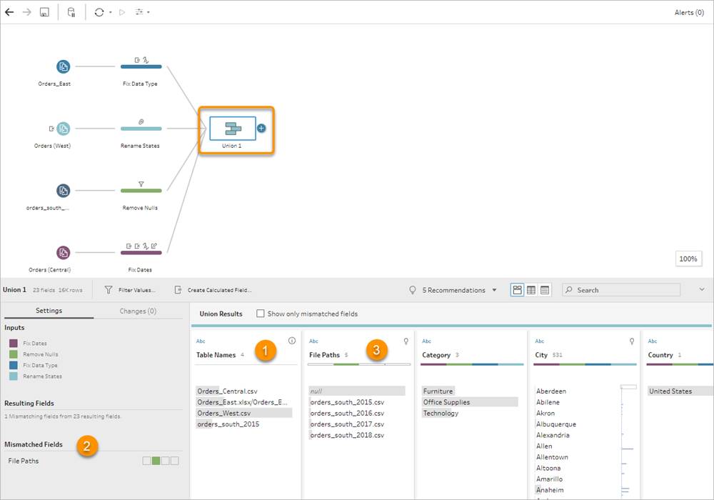 Selected Union step in flow pane and associated fields in profile pane