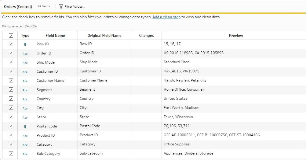 Fields for the selected table shown from the input pane