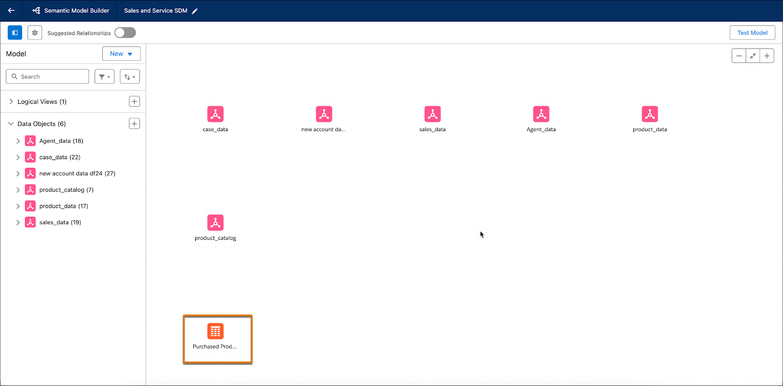 Semantic Model Builder with created logical view highlighted.