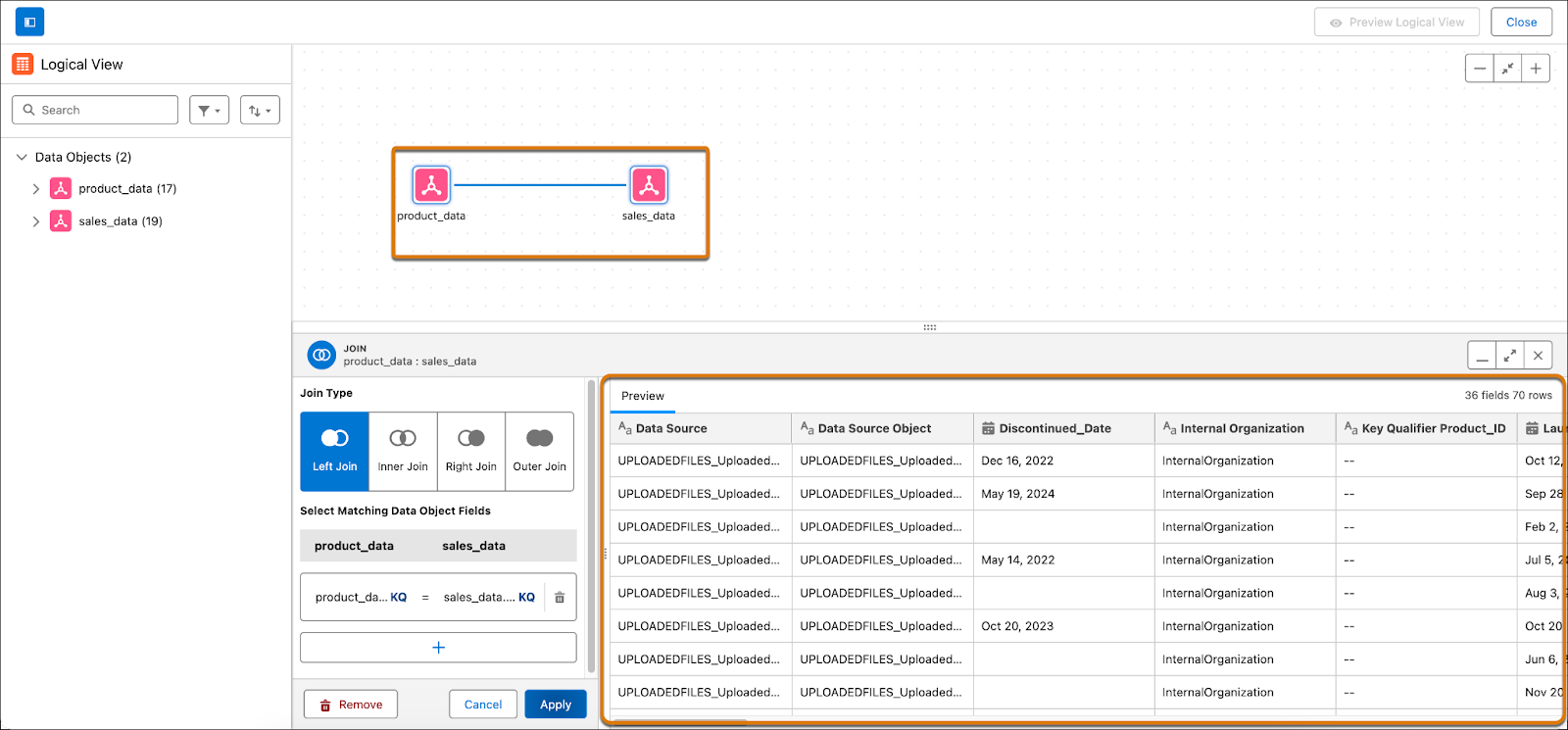 Semantic Model Builder with preview of joined objects.